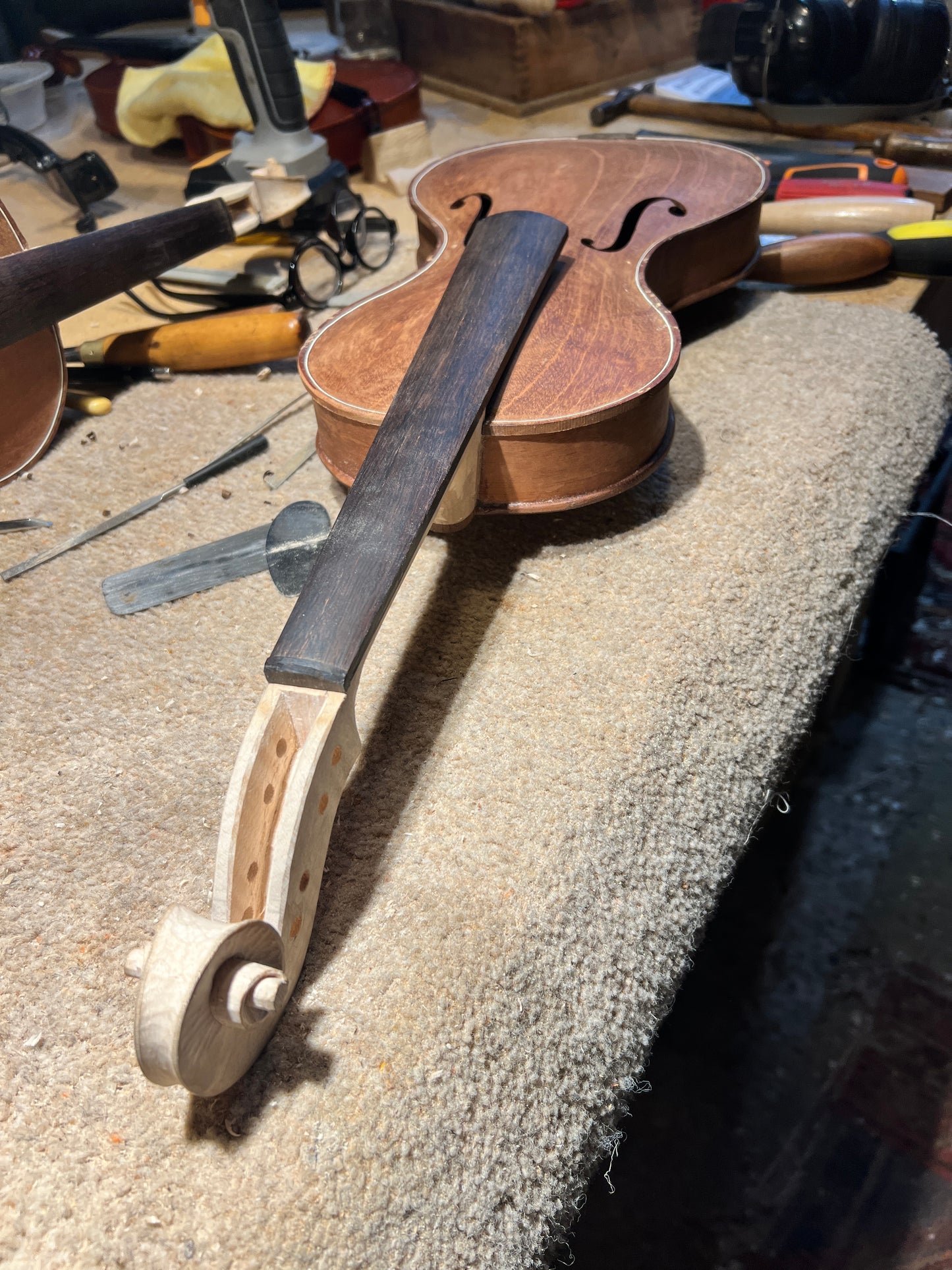 Cornerless Octave Violin in Reclaimed Mahogany - Currently under construction #68