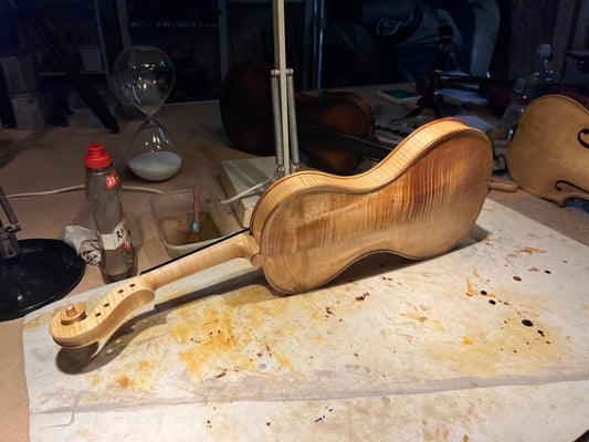 Cornerless violin in Maple and reclaimed Western White Pine - currently "on the bench"