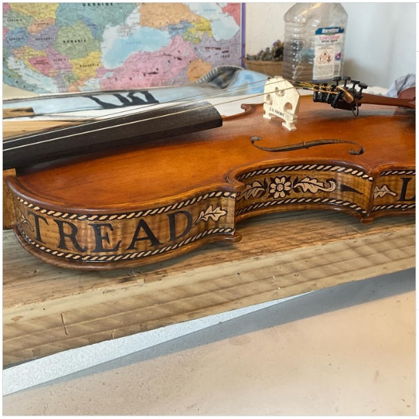 SOLD - Handmade English Violin in figured Ash "Tread Lightly Upon The Earth".